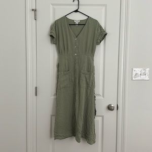 Rachel Zoe 100% Linen Green Button Front Short Sleeve Mini Shirt Dress Small